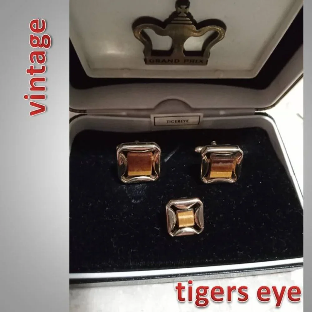 Vintage Grand Prix Swank tiger's eye cufflink and tie tack boxed set